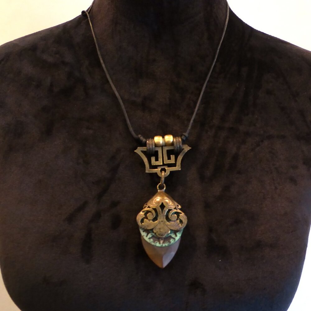 VINTAGE NEW NATURE COMPANY CORDED AMBER STONE STEAMPUNK TYPE NECKLACE - Picture 1 of 16